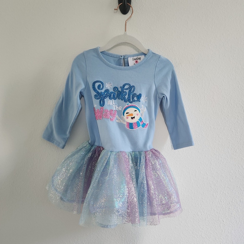 Girls Blue Sparkle Snowman Tutu Long Sleeve dress size 2T